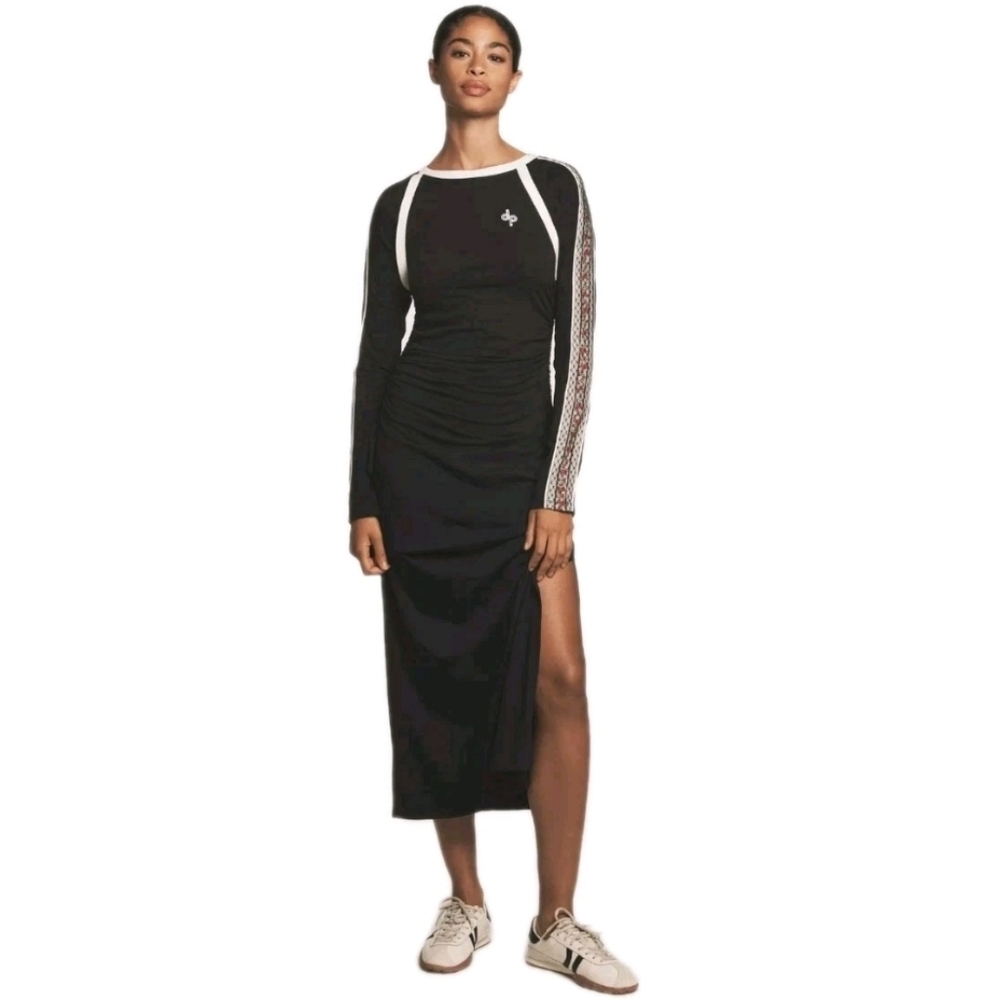 Anthropologie Daily Practice Long Sleeve Ruched Black Onyx Multi Mididress Sz: M